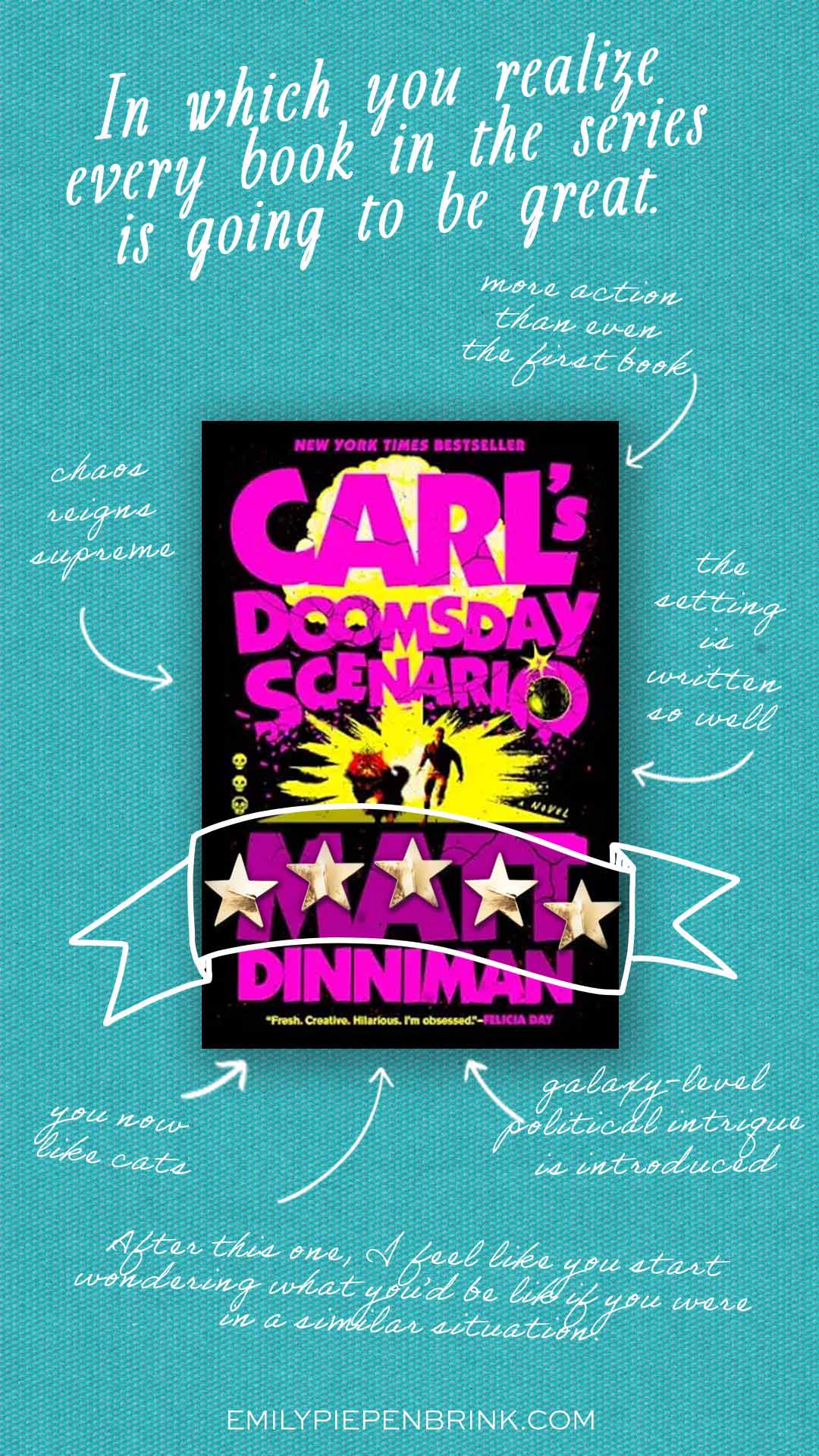 Carl's Doomsday Device book review styled with an image of the book cover with arrows around it with comments.