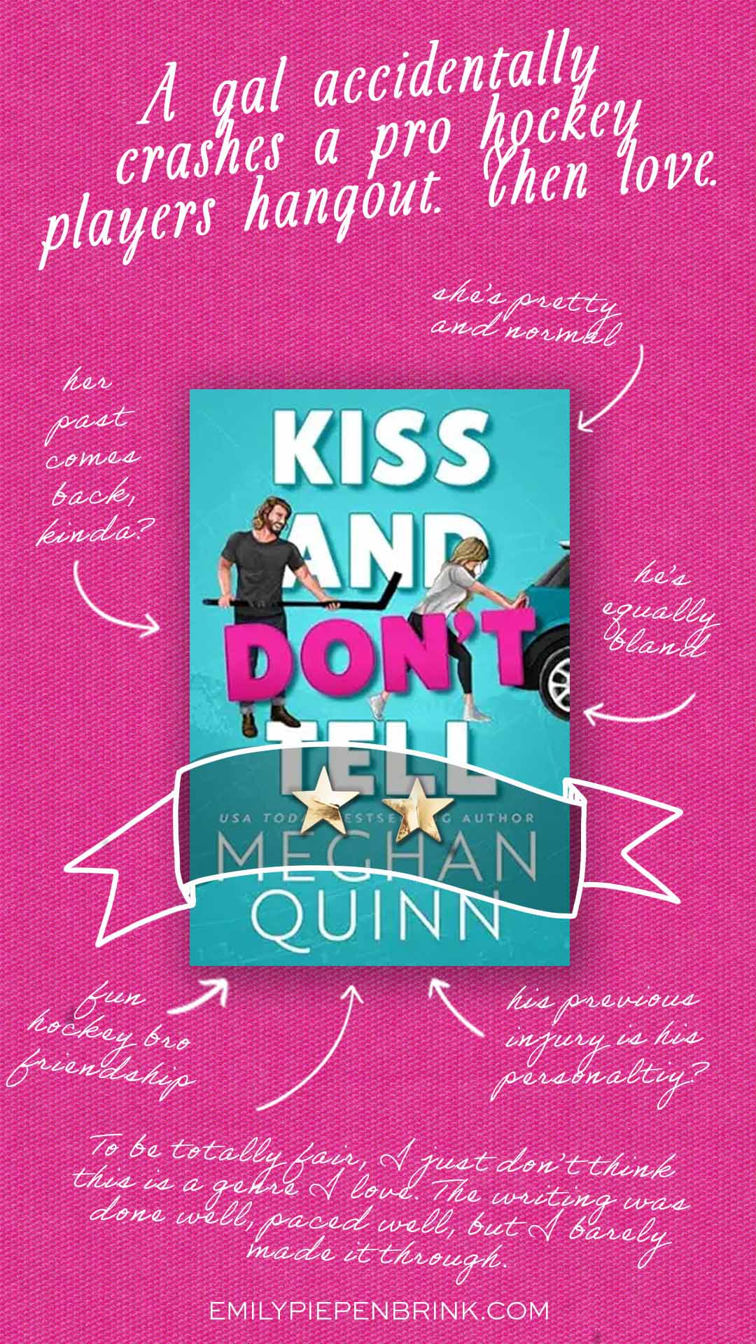 Kiss and Don't Tell book review styled with an image of the book cover with arrows around it with comments.