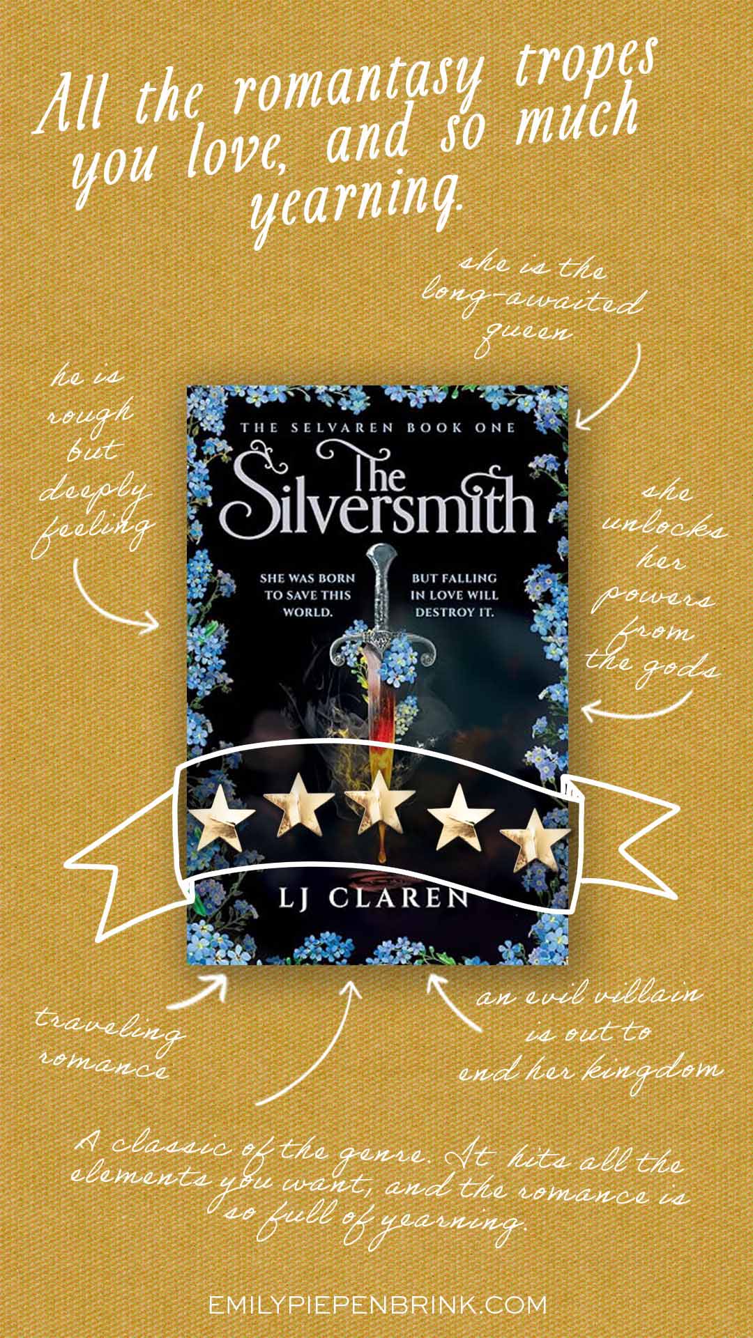 The Silversmith book review styled with an image of the book cover with arrows around it with comments.
