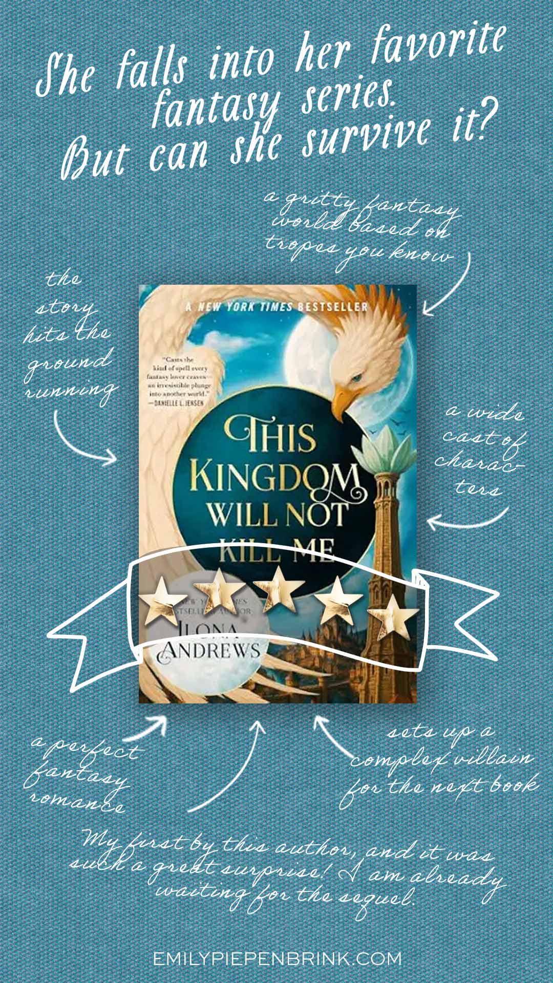 This Kingdom Will Not Kill Me book review styled with an image of the book cover with arrows around it with comments.