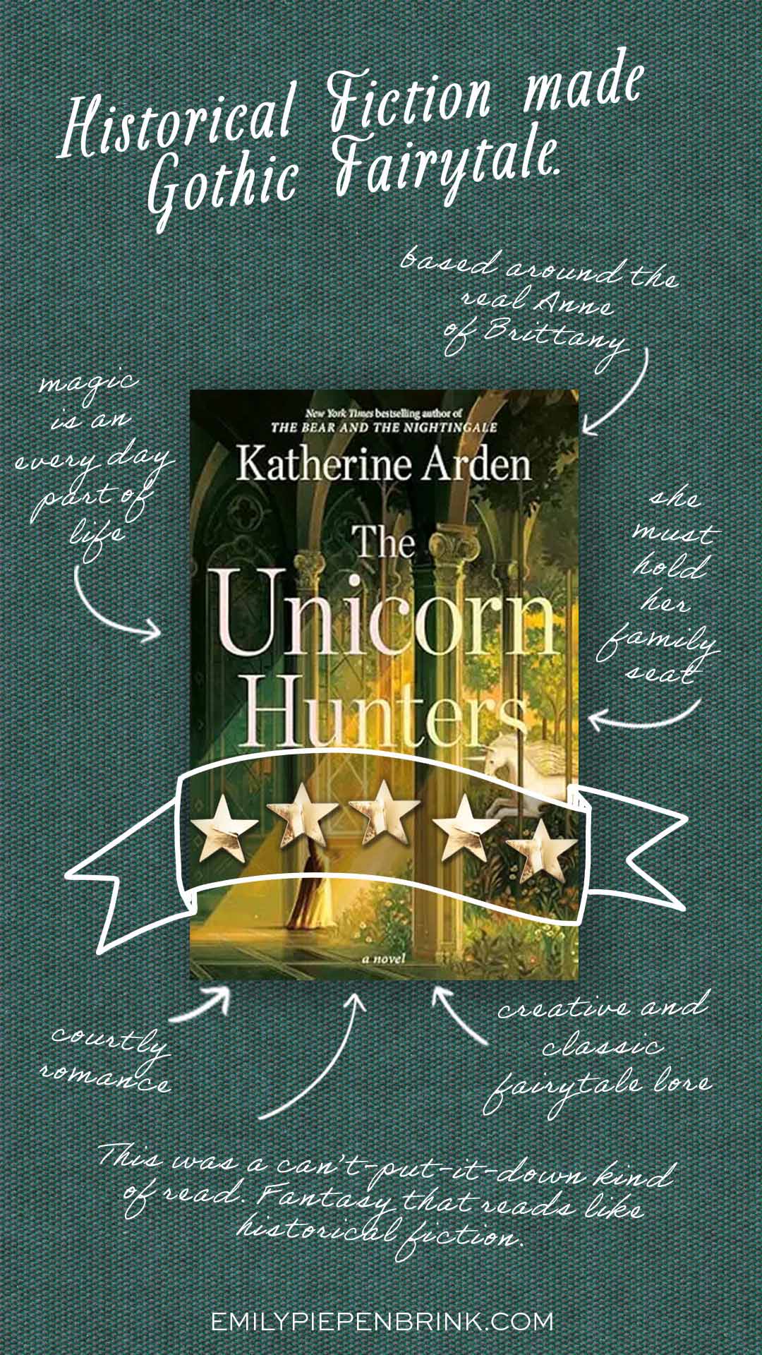 The Unicorn Hunters book review styled with an image of the book cover with arrows around it with comments.