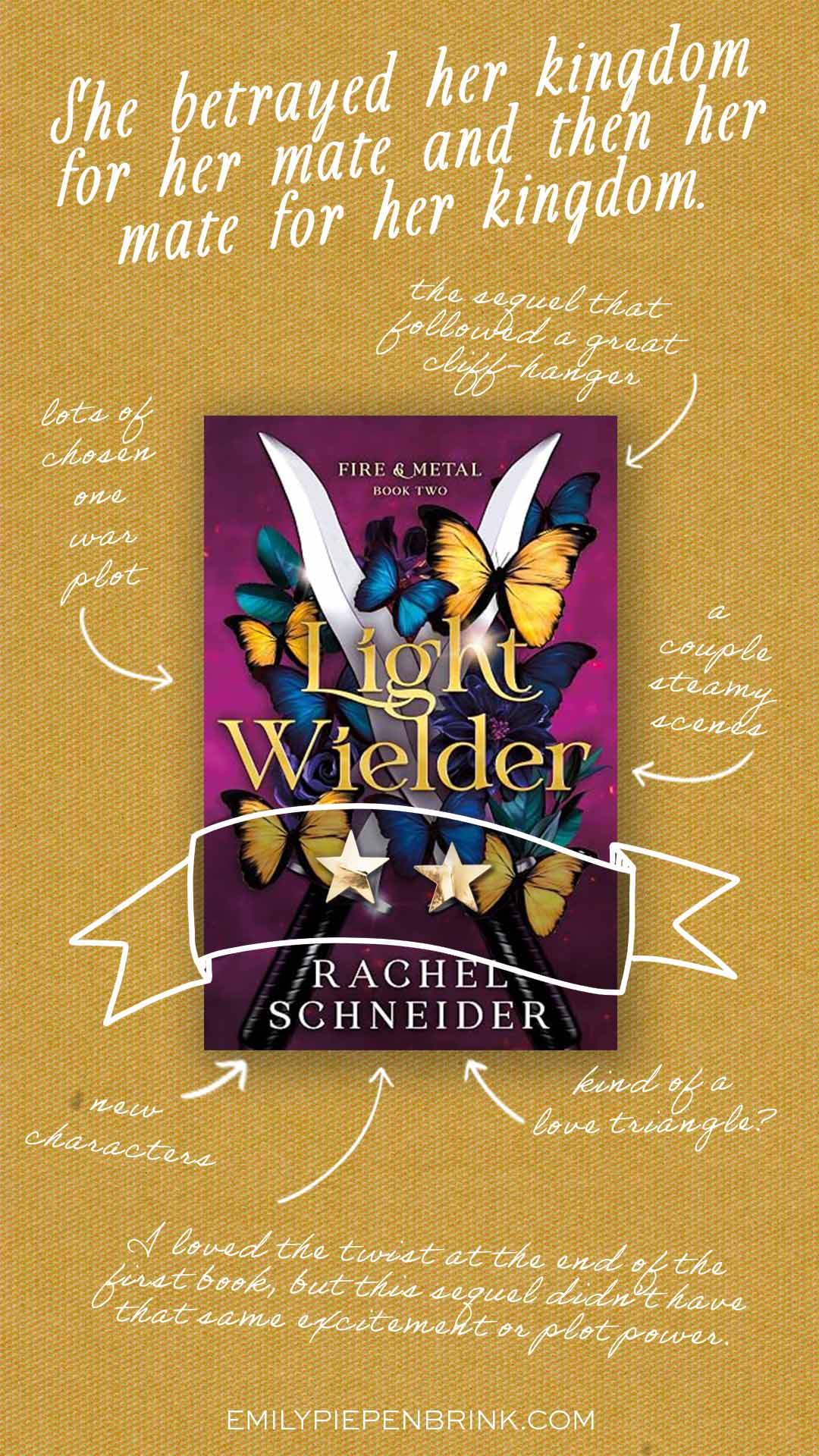 Light Wielders book review styled with an image of the book cover with arrows around it with comments.