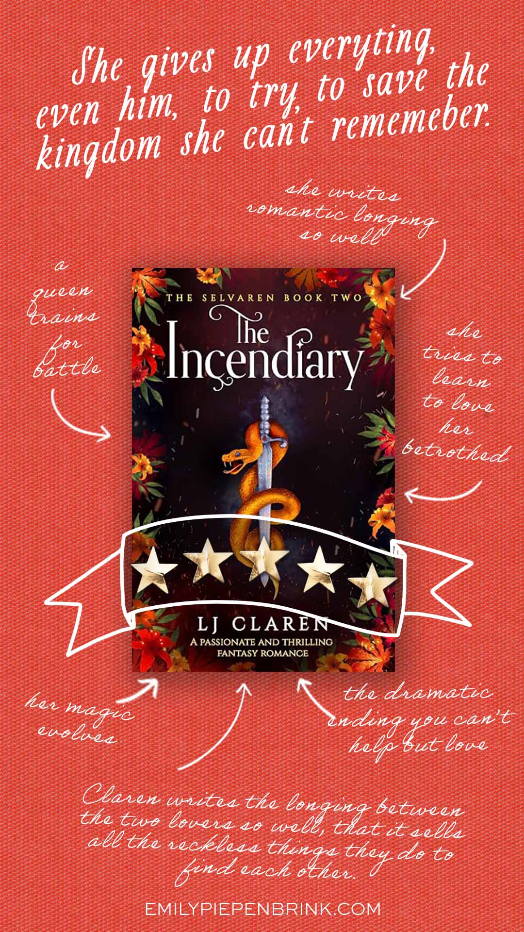 The Incendiary book review styled with an image of the book cover with arrows around it with comments.