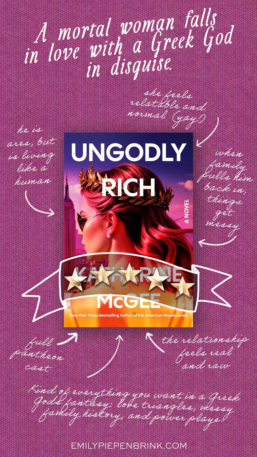 Ungodly Rich book review styled with an image of the book cover with arrows around it with comments.